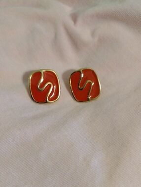 Gold-Tone Red Enamel Wave Stud Earrings - Women Jewelry